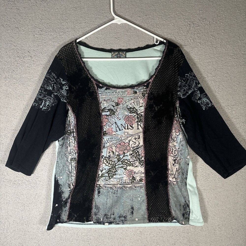 Vanilla Sugar Women's Size 2X 3/4 Sleeve Blouse Fishnet Lace Rhinestone Y2K